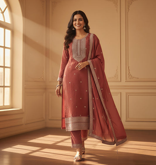 Rust Elegance - Embroidered Cotton Kurta Set