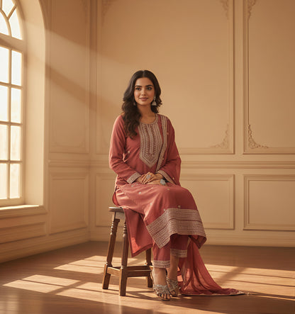 Rust Elegance - Embroidered Cotton Kurta Set