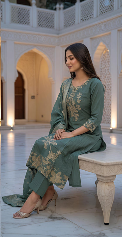Mehreen Grace - Sage Green Embroidered Suit Set