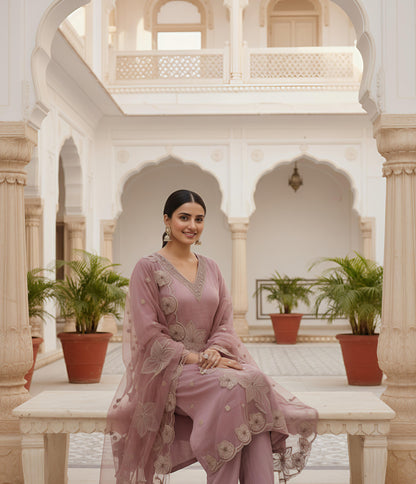 Mauve/Dusty Rose Kurta Set with 3D Floral Appliqué Dupatta