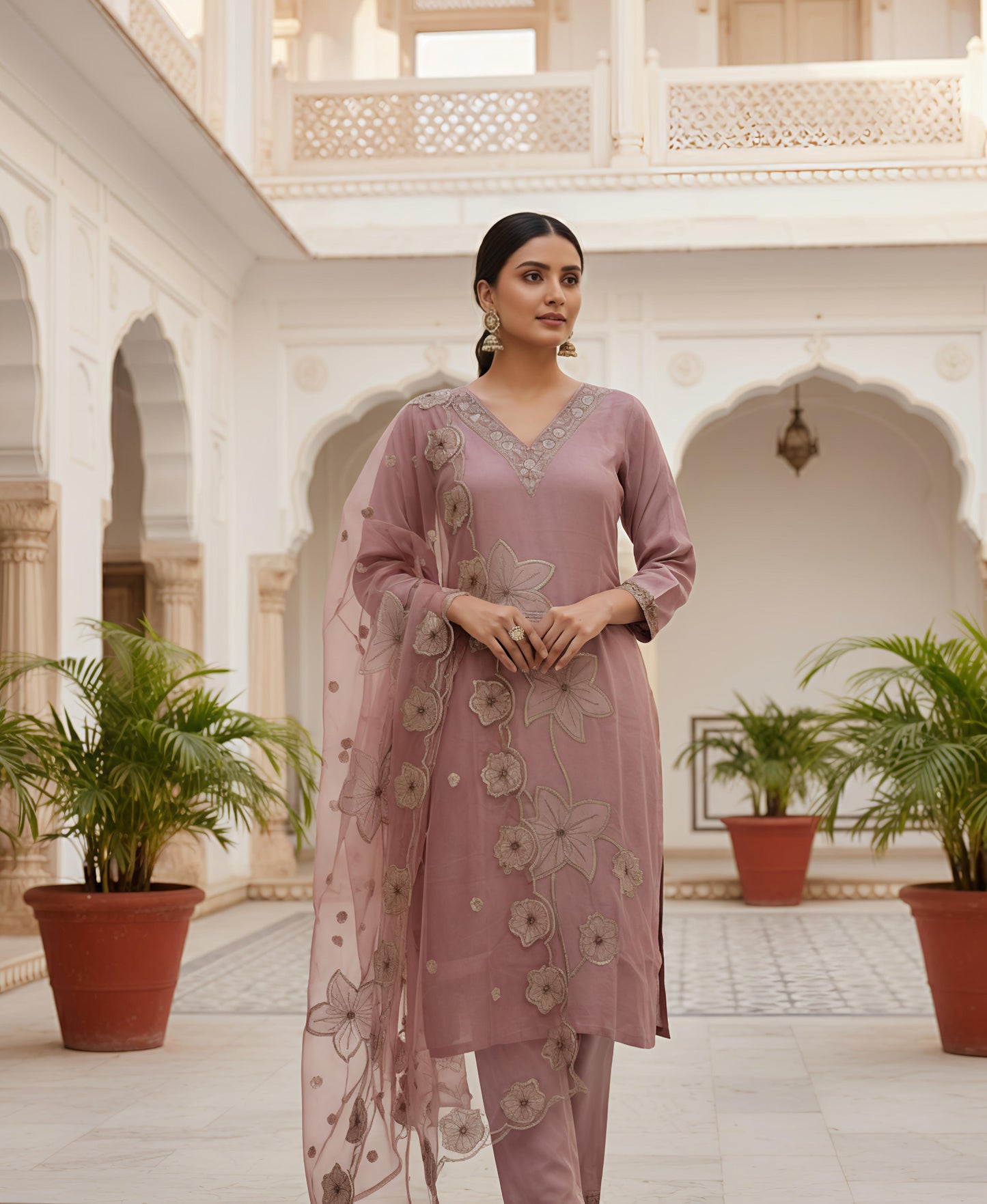 Mauve/Dusty Rose Kurta Set with 3D Floral Appliqué Dupatta
