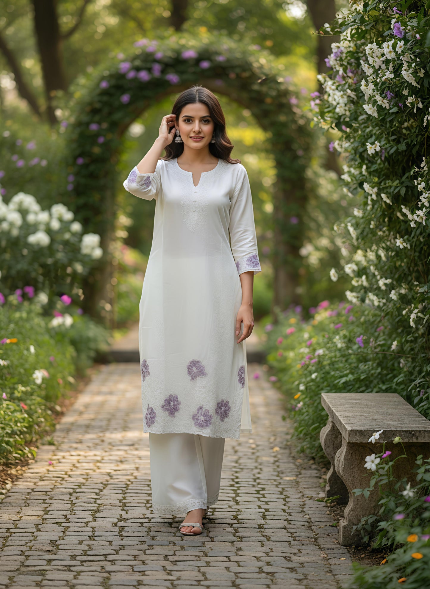 White Cotton Kurta Set with Lavender Floral Embroidery
