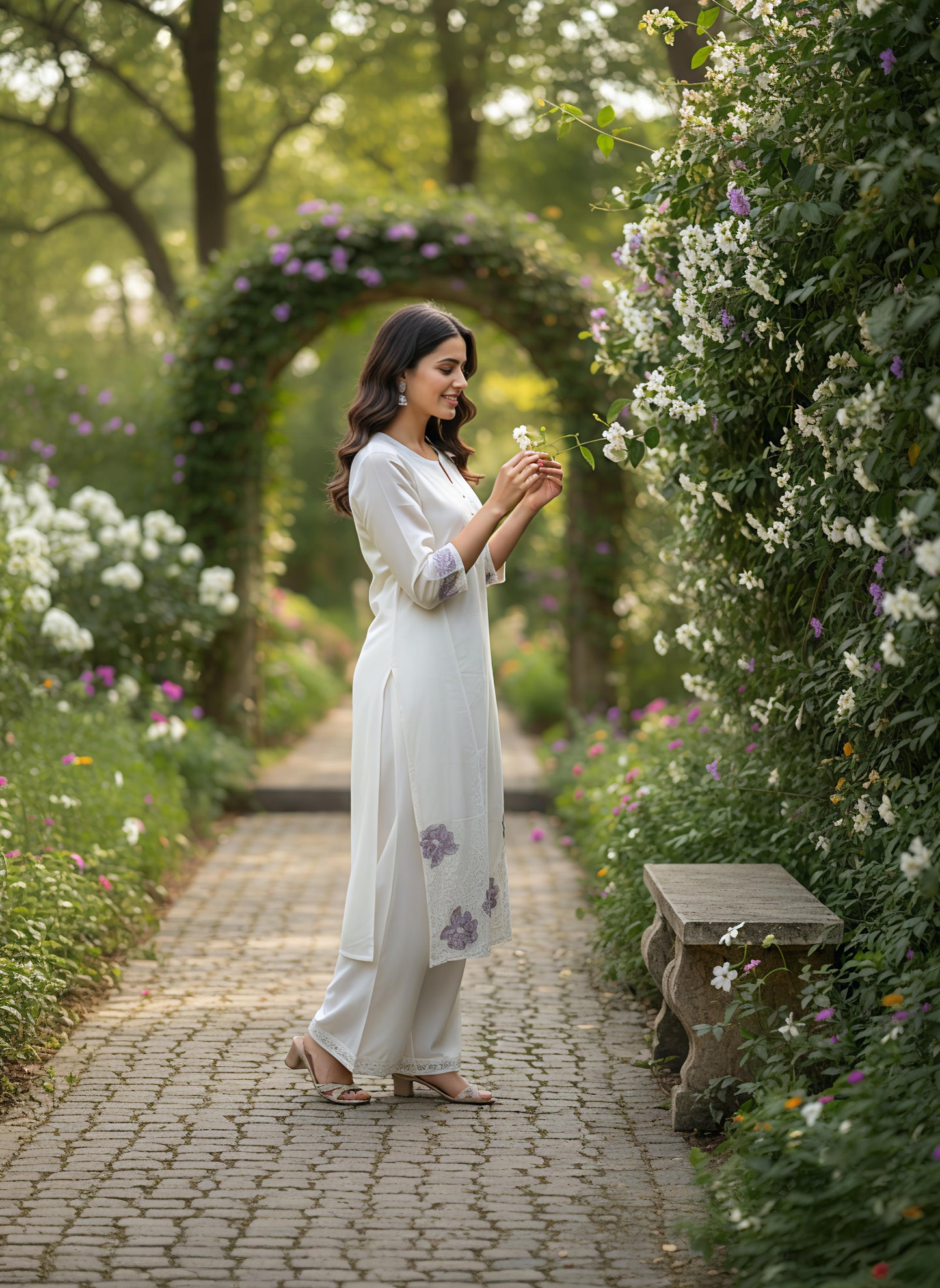 White Cotton Kurta Set with Lavender Floral Embroidery
