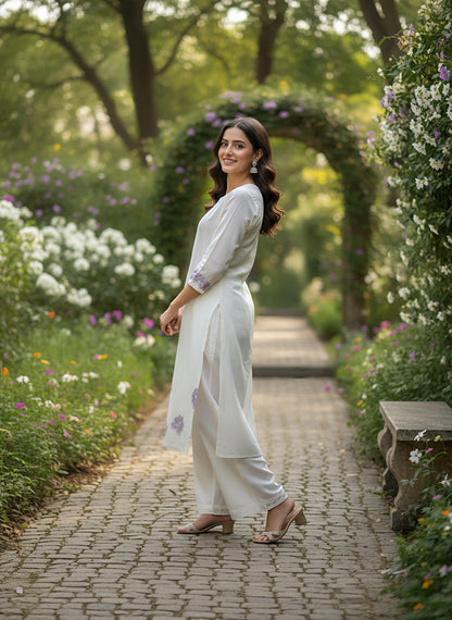 White Cotton Kurta Set with Lavender Floral Embroidery
