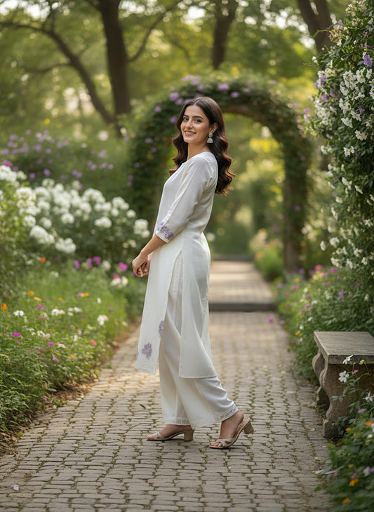 White Cotton Kurta Set with Lavender Floral Embroidery