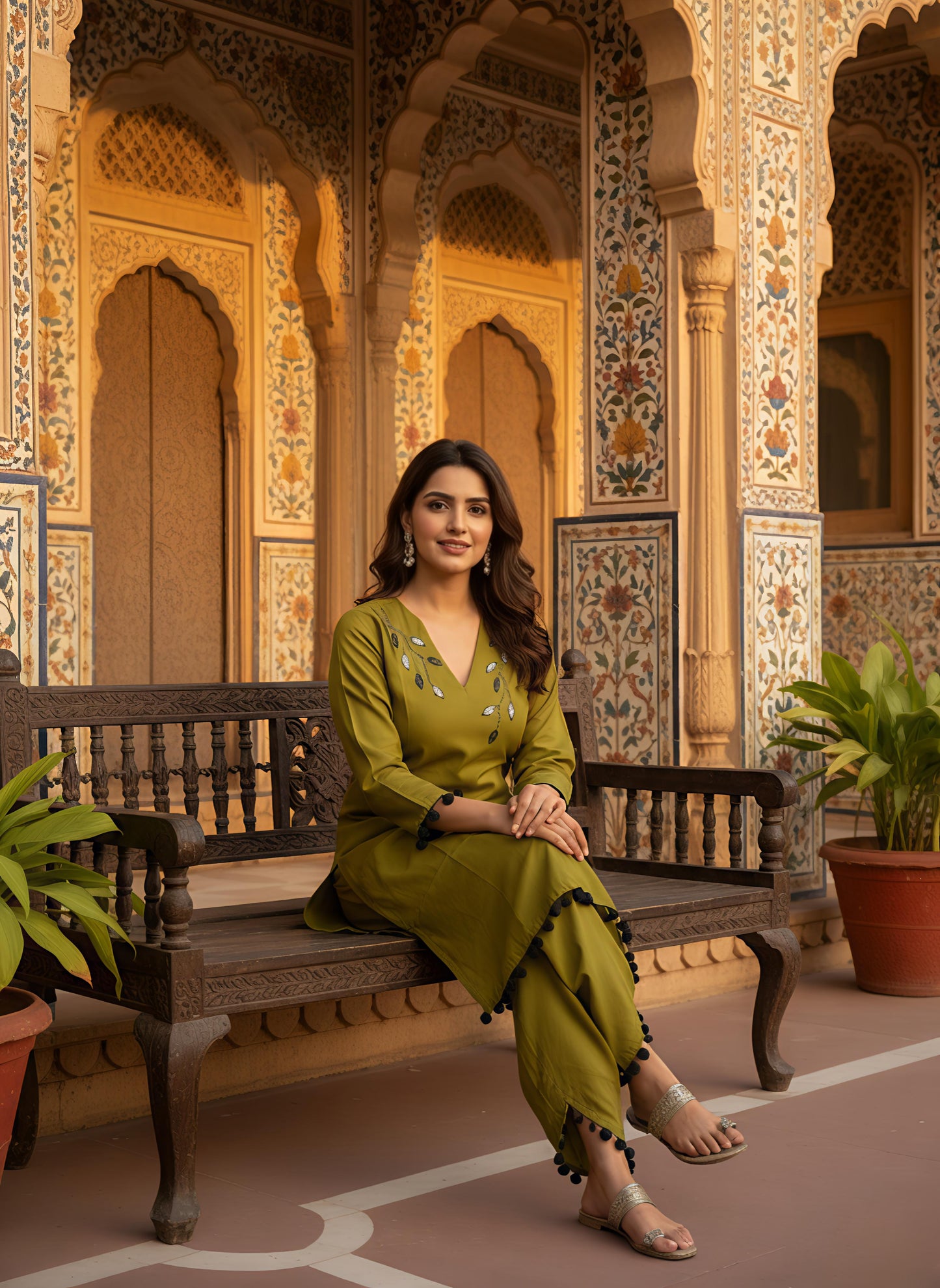 Olive Green Kurta Set with Leaf Embroidery and Pom-Pom Trim