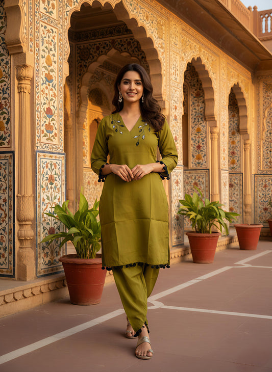 Olive Green Kurta Set with Leaf Embroidery and Pom-Pom Trim