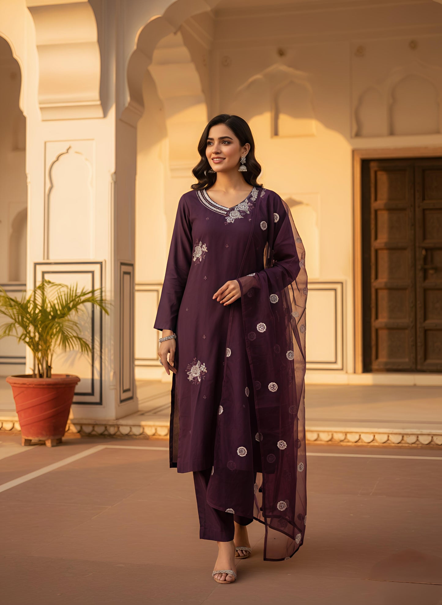 Aubergine/Wine Kurta Set with Silver Floral Embroidery and Sheer Dupatta