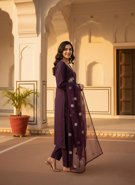 Aubergine/Wine Kurta Set with Silver Floral Embroidery and Sheer Dupatta