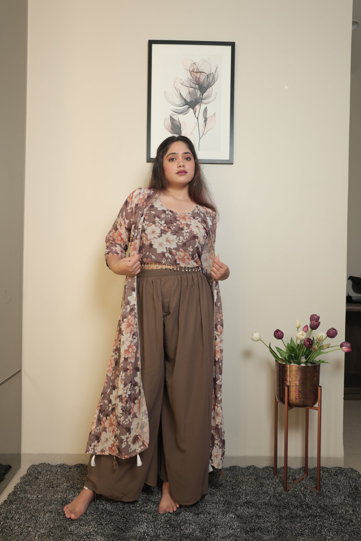 The Mocha Floral Print Shrug and Palazzo Set