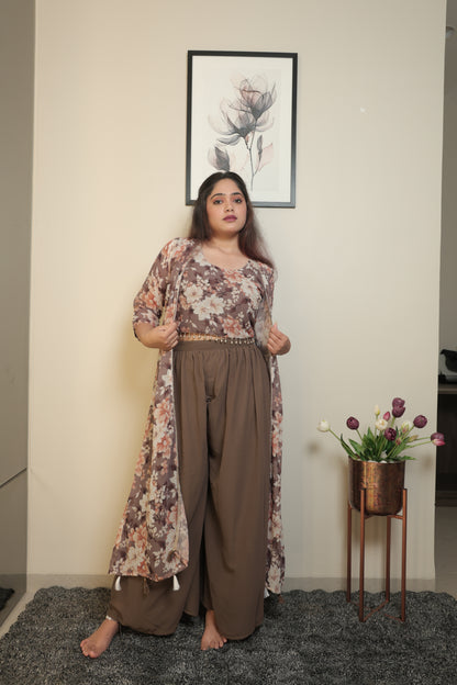 The Mocha Floral Print Shrug and Palazzo Set