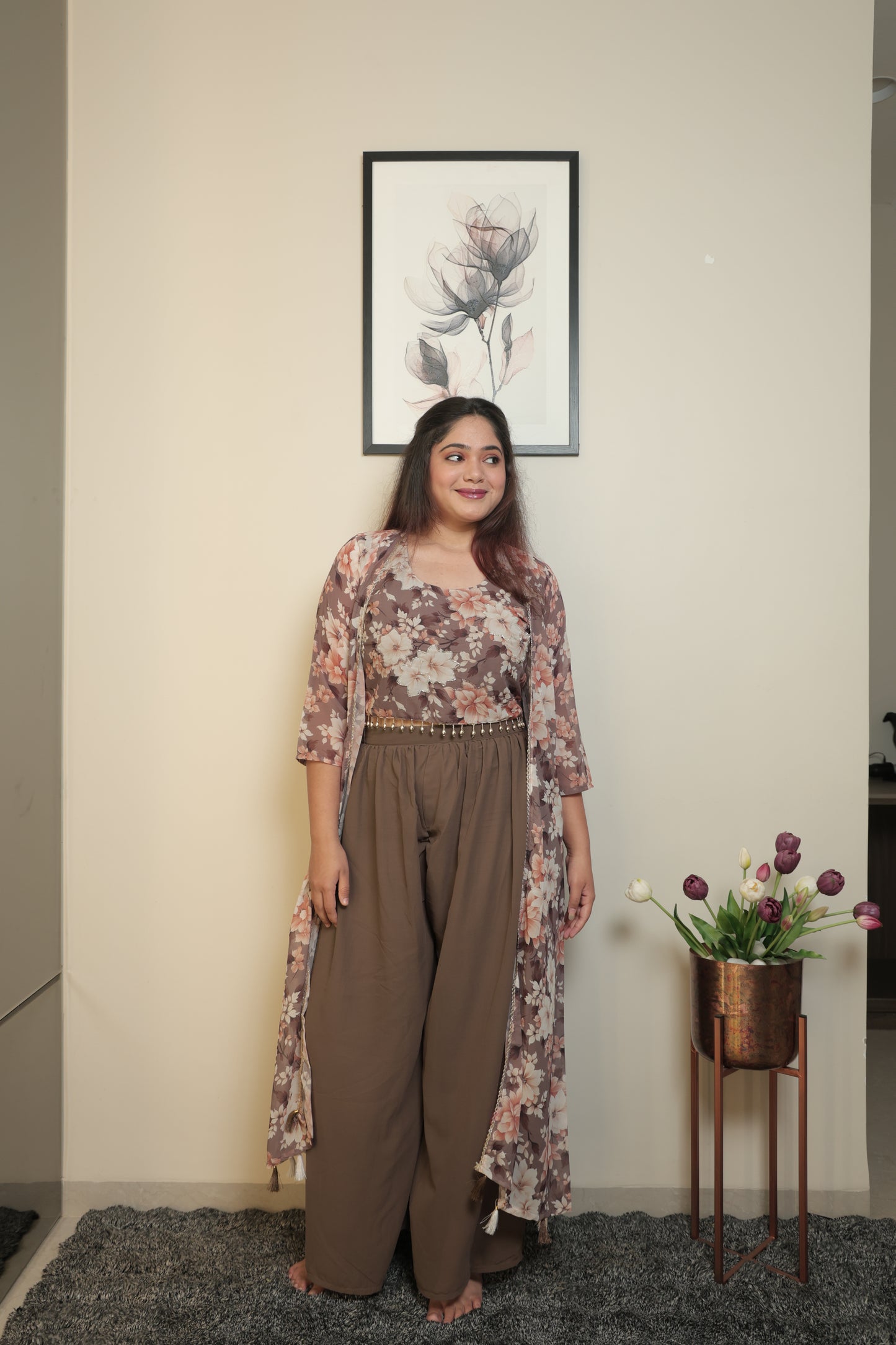 The Mocha Floral Print Shrug and Palazzo Set
