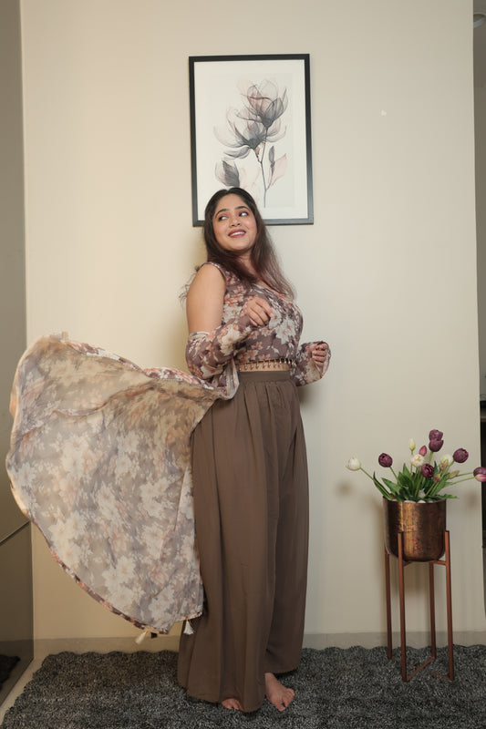 The Mocha Floral Print Shrug and Palazzo Set