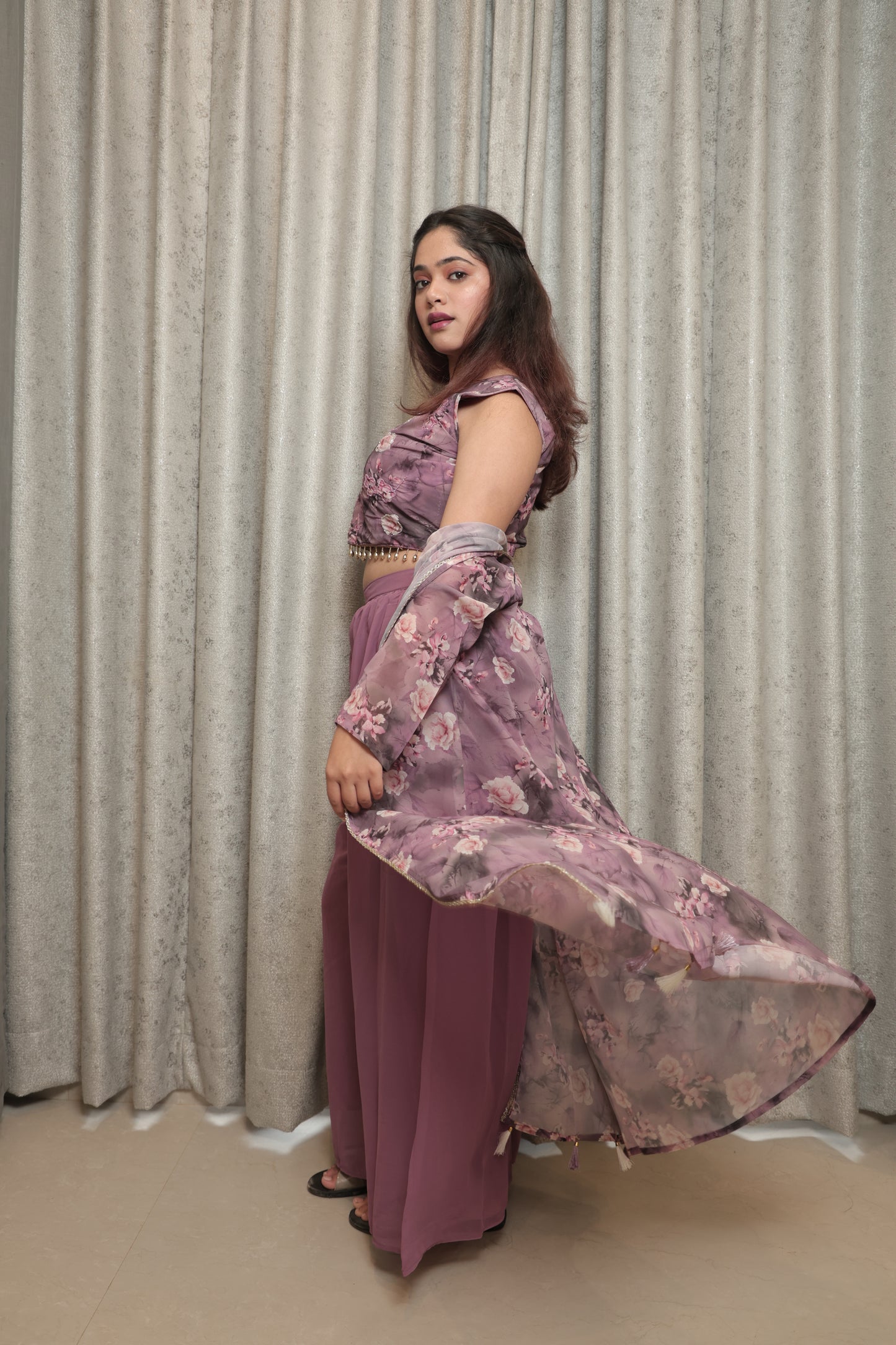 The Dusty Mauve Floral High-Slit Kurta and Palazzo Set