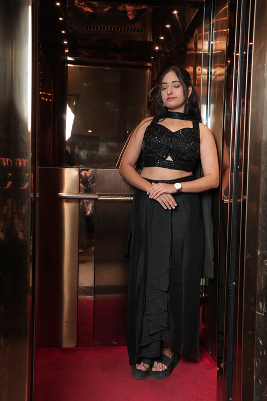 Elegant Black Embellished Crop Top & Skirt Set