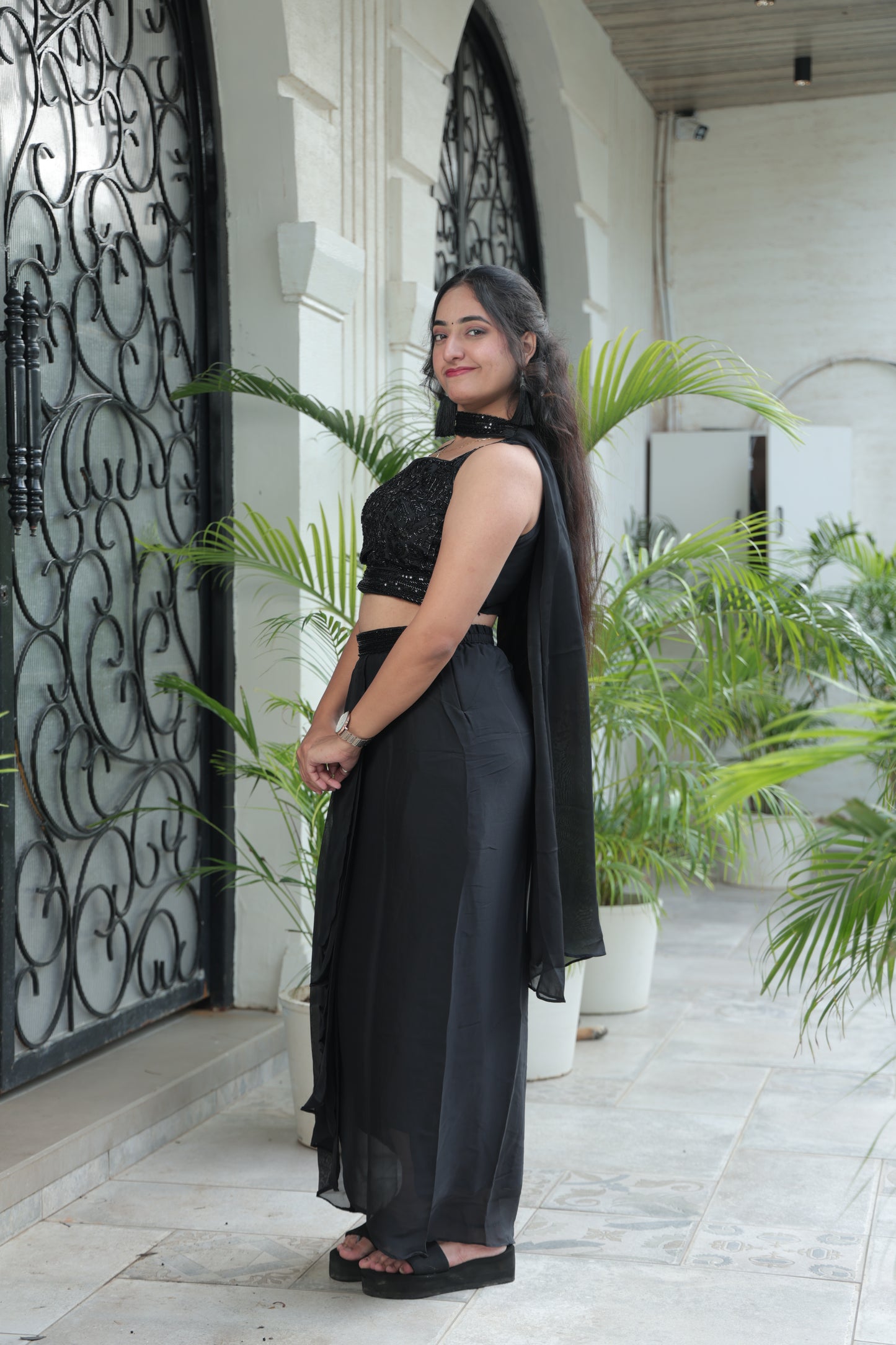 Elegant Black Embellished Crop Top & Skirt Set
