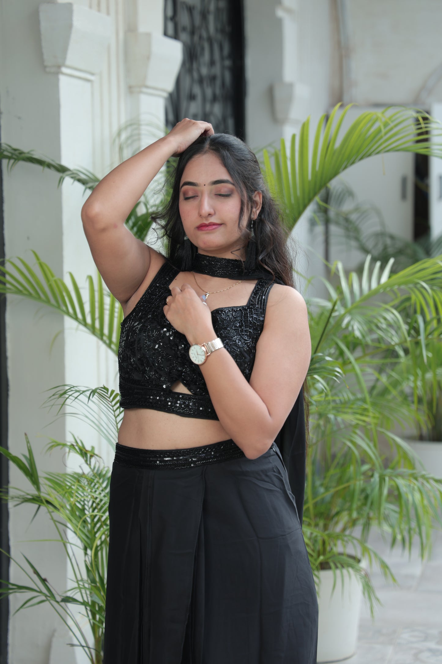 Elegant Black Embellished Crop Top & Skirt Set