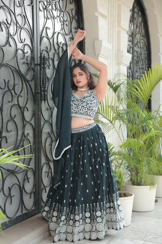 Dark Teal/Emerald Lehenga Set with Heavy Silver Zari and Sequin Work
