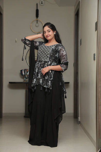 Black Floral Mirror Work Anarkali Kurta Set
