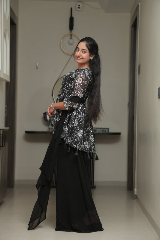 Black Floral Mirror Work Anarkali Kurta Set