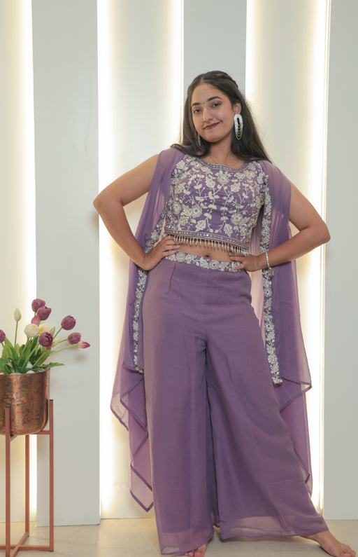 Lavender Embroidered Cape-Style Co-Ord Set
