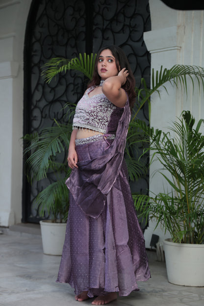 Purple Embroidered Silk Crop Top Lehenga Set