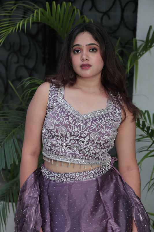 Purple Embroidered Silk Crop Top Lehenga Set