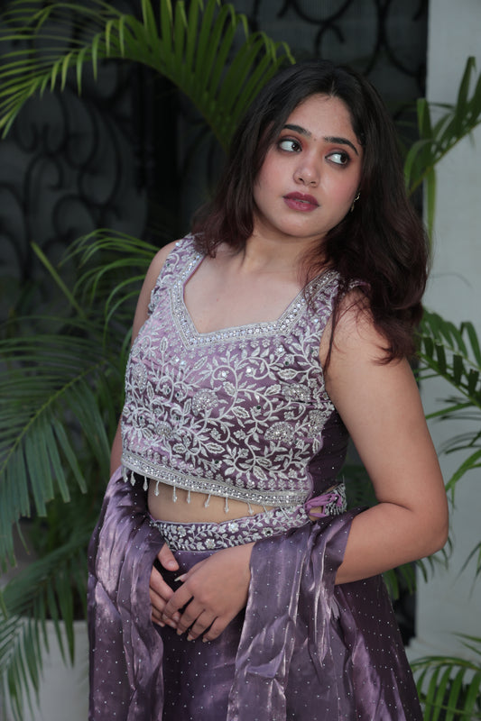 Purple Embroidered Silk Crop Top Lehenga Set