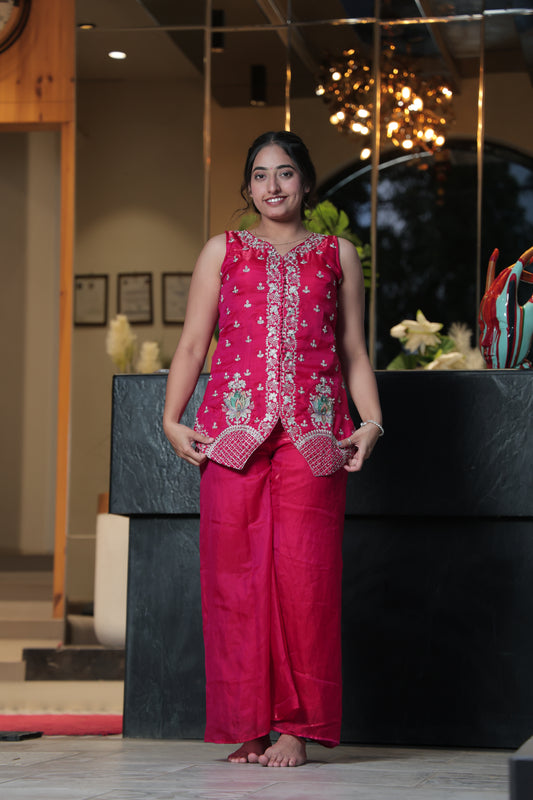 The Fuschia Embroidered Sleeveless Kurti and Palazzo Set