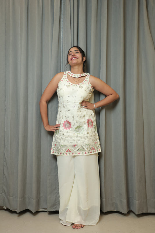 Ivory Floral Embroidered Palazzo Suit Set