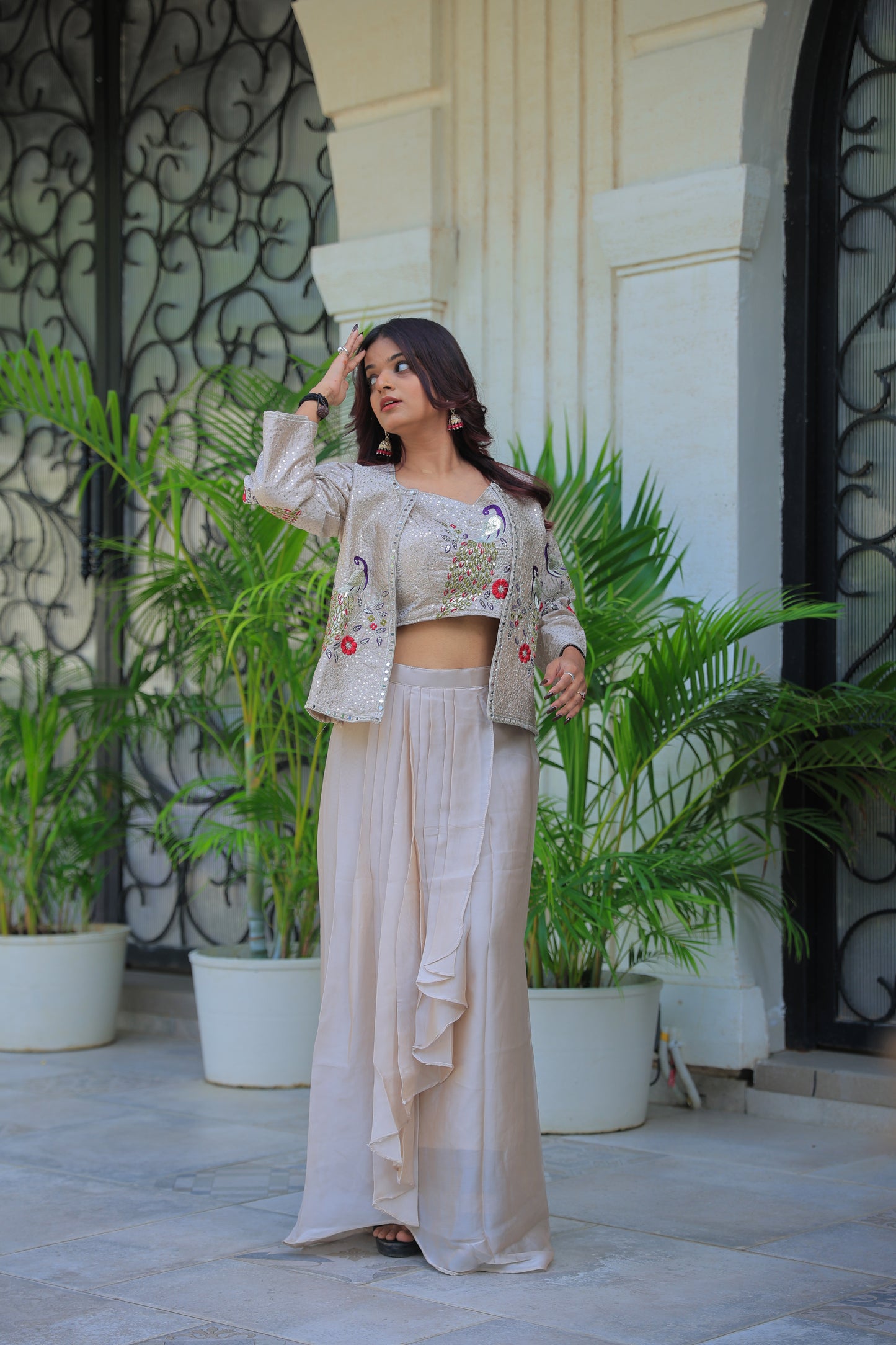 Vibrent Peacock Hand-Embroidered Indo-Western Fusion Set