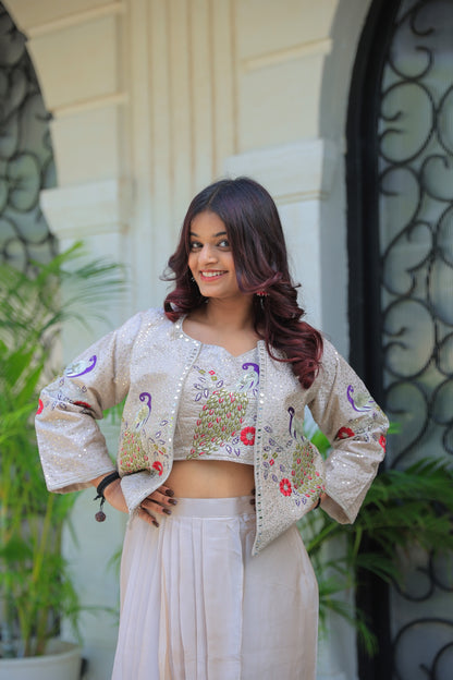 Vibrent Peacock Hand-Embroidered Indo-Western Fusion Set