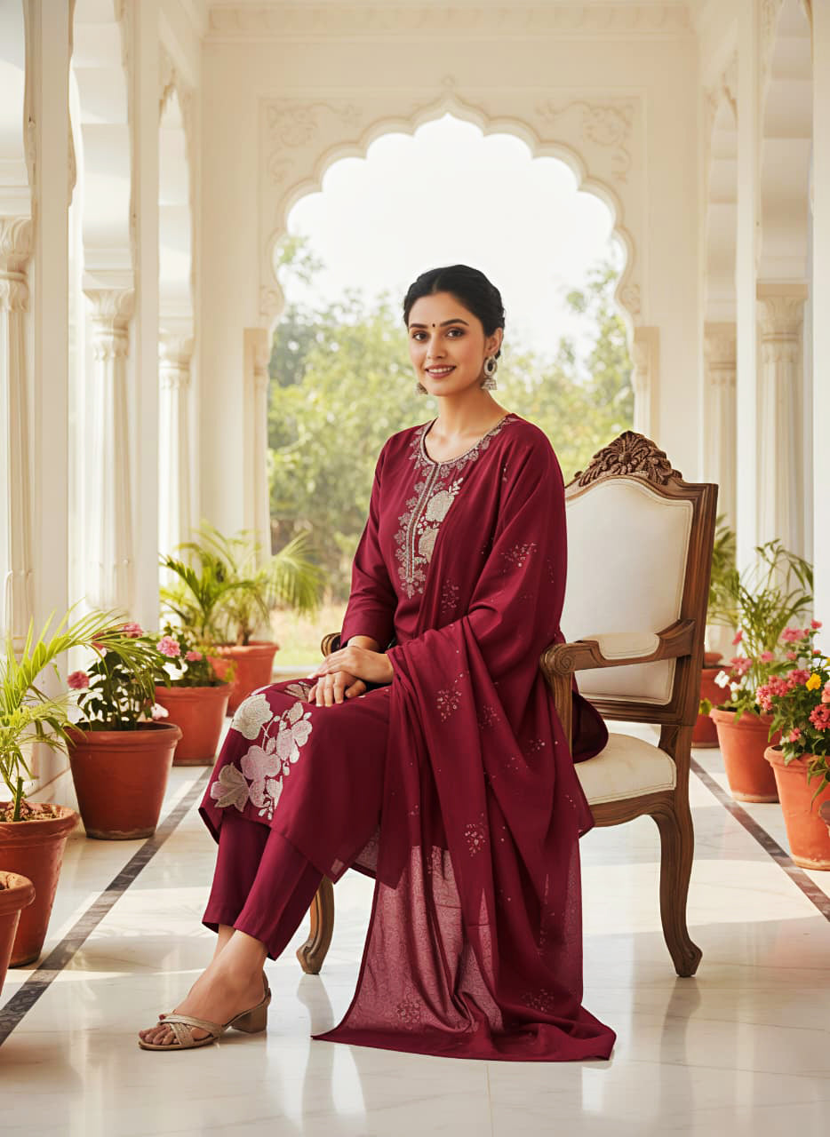 Maroon Embroidered Cotton Kurta Set with Dupatta for Women by ELIRA