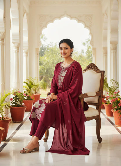 Maroon Embroidered Cotton Kurta Set with Dupatta for Women by ELIRA