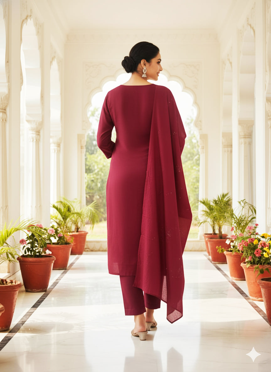 Maroon Embroidered Cotton Kurta Set with Dupatta for Women by ELIRA