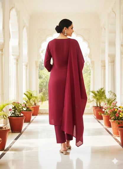 Maroon Embroidered Cotton Kurta Set with Dupatta for Women by ELIRA