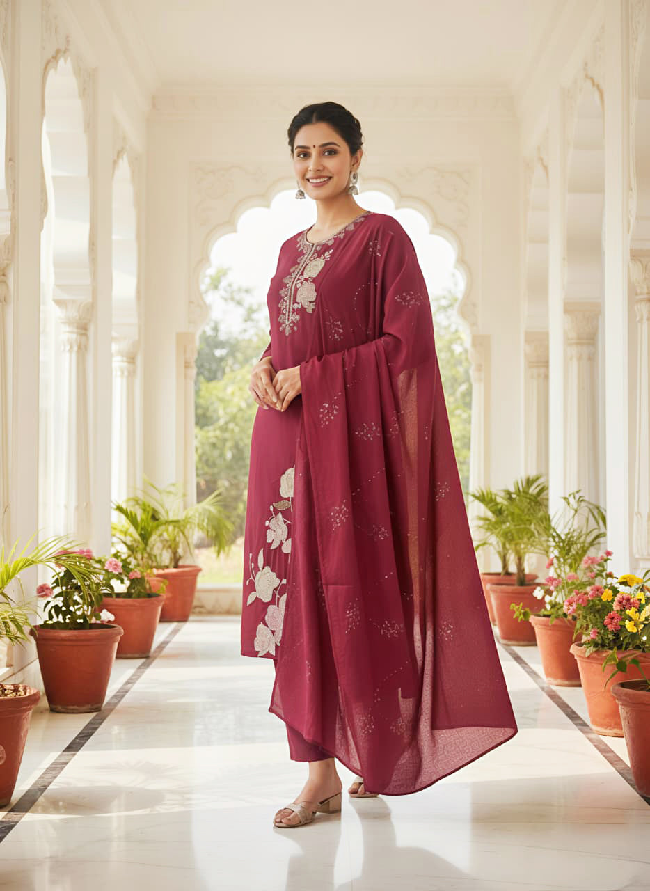 Maroon Embroidered Cotton Kurta Set with Dupatta for Women by ELIRA