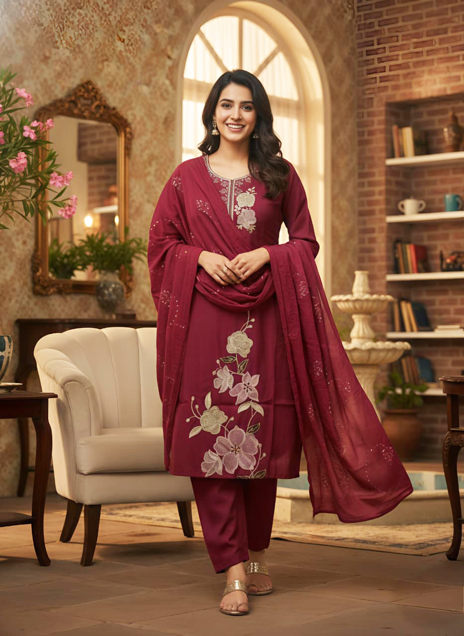 Maroon Embroidered Cotton Kurta Set with Dupatta for Women by ELIRA
